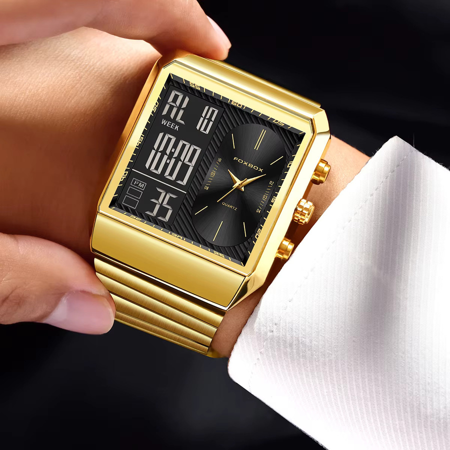 FOXBOX Digitaluhr, Quarz, Edelstahl, Gold, Schwarz, Herren - Bild 6