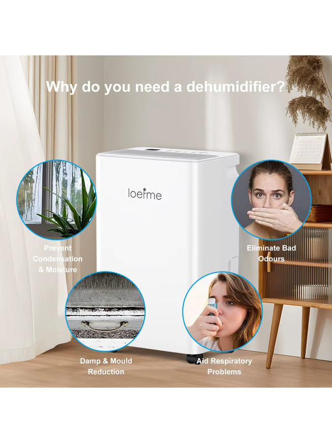 LOEFME Elektrischer Luftentfeuchter mit Smart Home Integration, Weiß, 16 l/24h Entfeuchtungsleistung, 2 l Wassertank, mit Timer und Automatikmodus - Bild 5