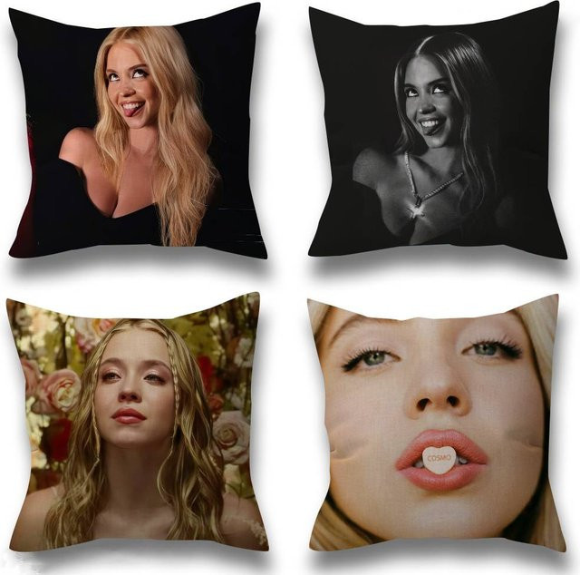 Kissenbezug mit Sydney Sweeney Motiv in Schwarz, quadratisch, B/B/H: 30 x 30 x 4 cm - Bild 1
