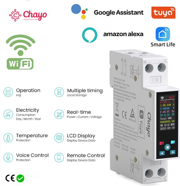 Chayo Tuya WIFI Smart Switch 50A Leistungsschalter mit LED Energie Meter und Timer via Smart Life App in Weiß - Bild 1