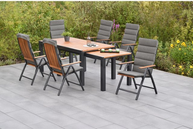 Merxx Athos Flex Gartentisch Set 13-tlg aus Akazie und Aluminium mit grauen Kissen, Ausziehbar B: 180 bis 360 cm, T: 100 cm, H: 80 cm - Bild 1