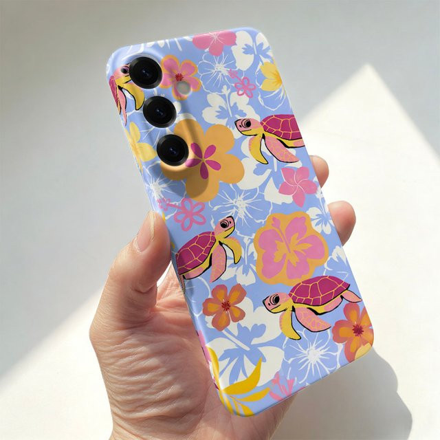 Handyhülle mit Schildkröten- und Blumenmuster für Samsung Galaxy Modelle, harte PC-Schutzhülle, Mehrfarbig - Bild 1