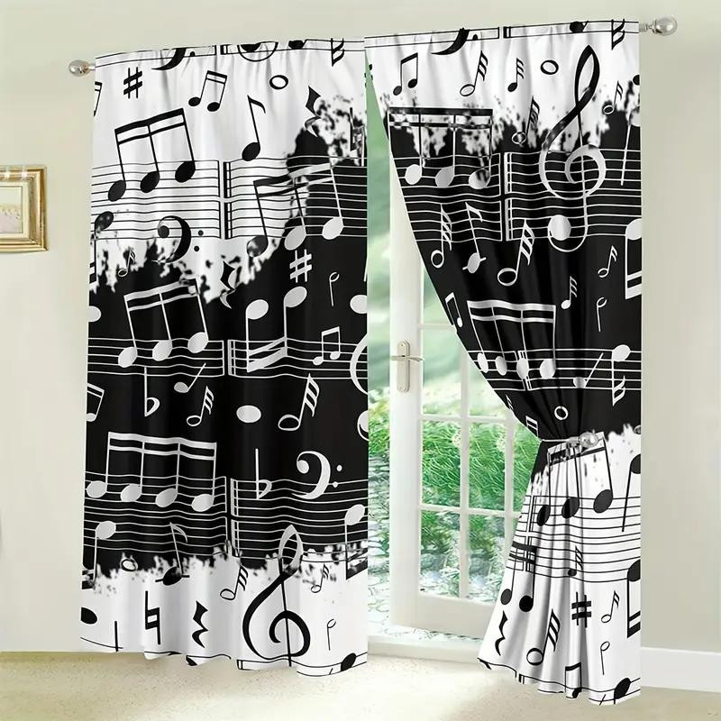 2er-Set Vorhang mit Musiknoten-Druck von Household supplies MH, halbtransparent, schwarz-weiß, B: 150 cm, H: 166 cm - Bild 2