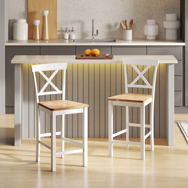 HOMCOM Barhocker 2er Set aus Massivholz in Eiche mit Rückenlehne und Fußstütze - Bild 2