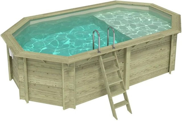 ALTANKA Holzpool Nemo achteckiger Aufstellpool in Sandfarben mit Liegefläche und am Beton verschraubten Stützen B: 579 cm, T: 349 cm, H: 145 cm