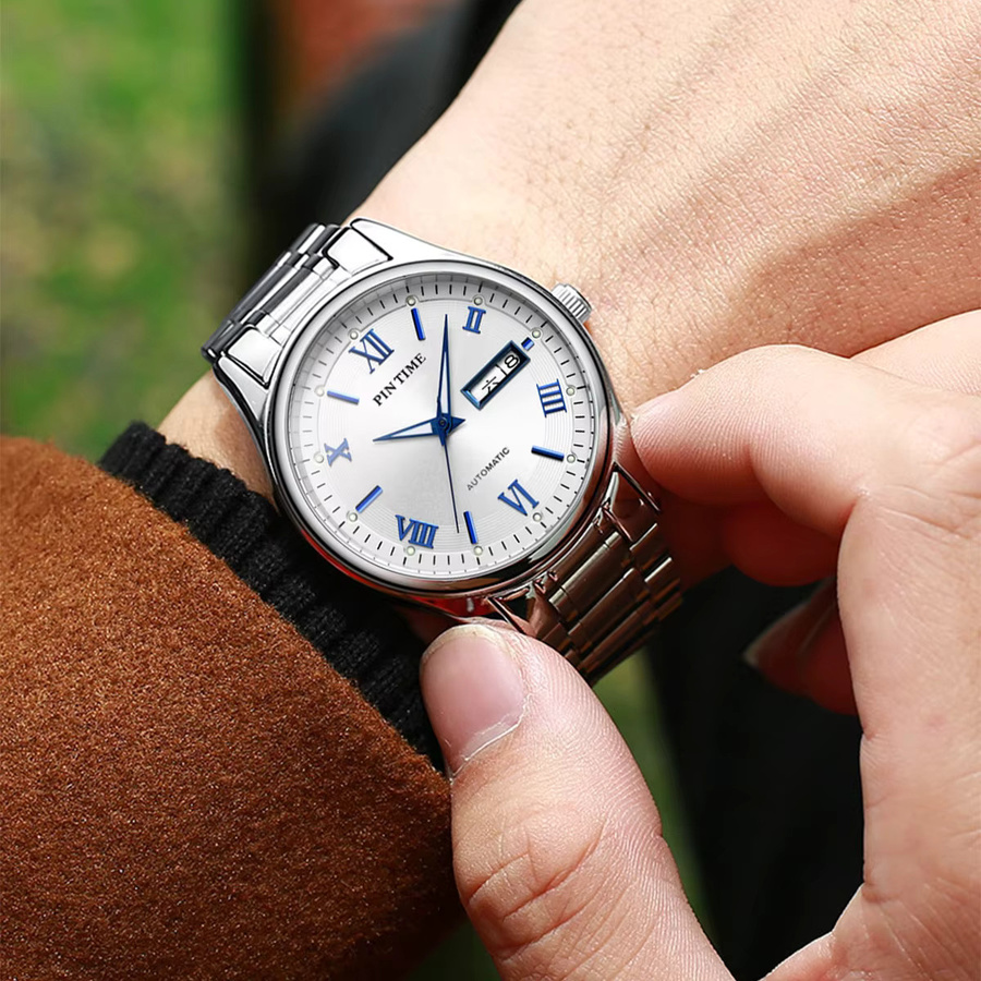 PINTIME Armbanduhr Automatik, Edelstahl, Weiß, Herren, Tag-Datum-Anzeige - Bild 3
