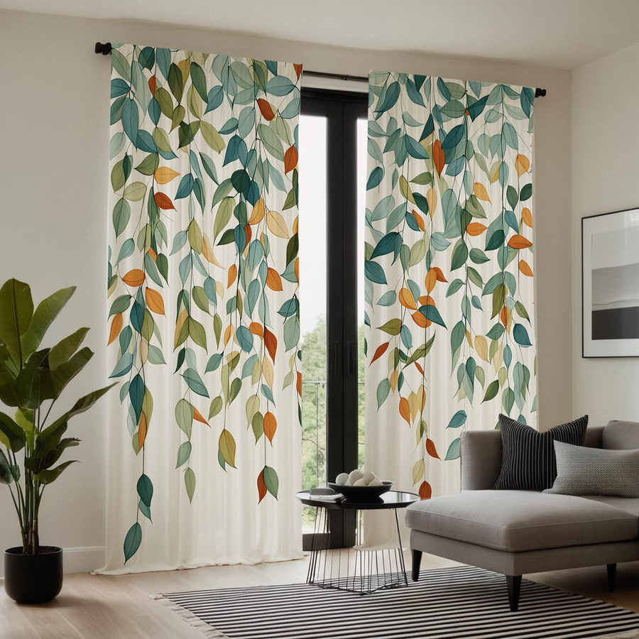 2er-Set Vorhänge mit grünem Blätter-Design von Household supplies MH, halbtransparent, Farbe: Grün, B: 132 cm, H: 160 cm - Bild 4