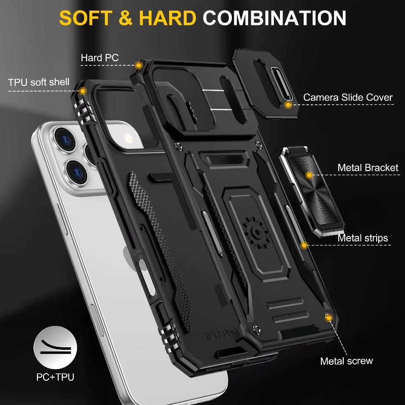 Jinitaimeik Magnetische Handyhülle für iPhone mit 360 Grad drehbarem Ständer und Schiebe-Kameraschutz in Schwarz - Bild 3