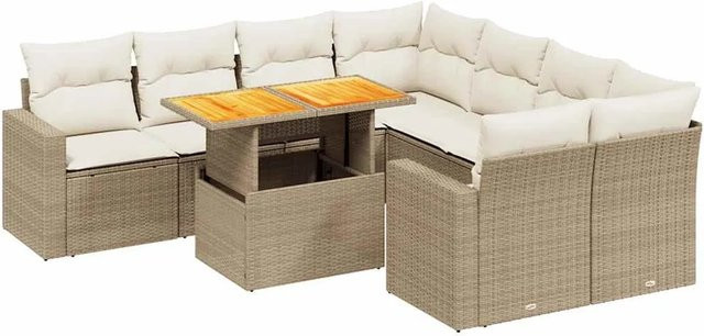 vidaXL 9-teilige Garten-Sofagarnitur in L-Form aus Poly-Rattan und Akazienholz mit Kissen in Beige-Creme - Bild 1