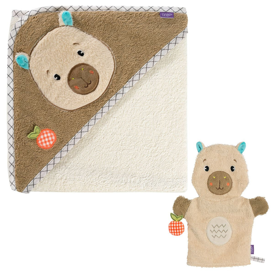 Fehn 2-tlg. Bade-Set für Babys mit Kapuzenbadetuch und Waschhandschuh, Capybara, Beige - Bild 1