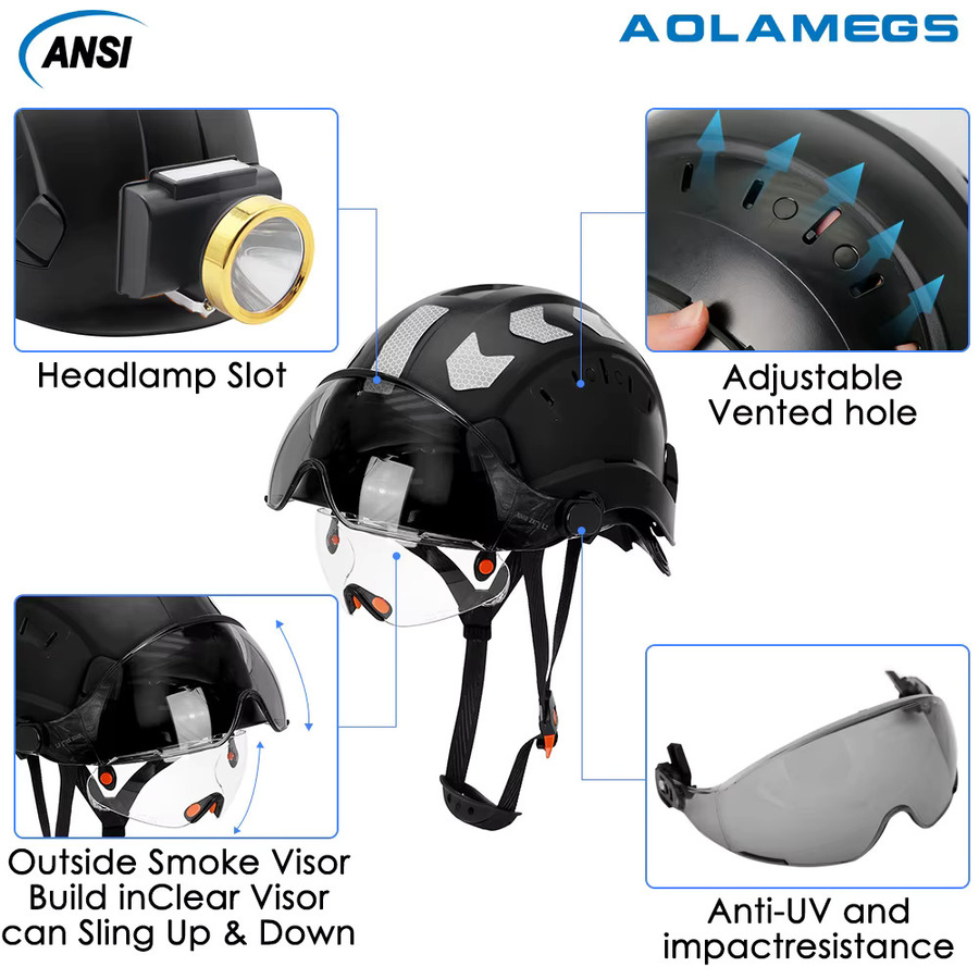 Aolamegs CE-Konstruktionsschutzhelm aus ABS-Kunststoff mit Visier, integrierter Schutzbrille und reflektierenden Aufklebern in Gelb und Schwarz - Bild 2