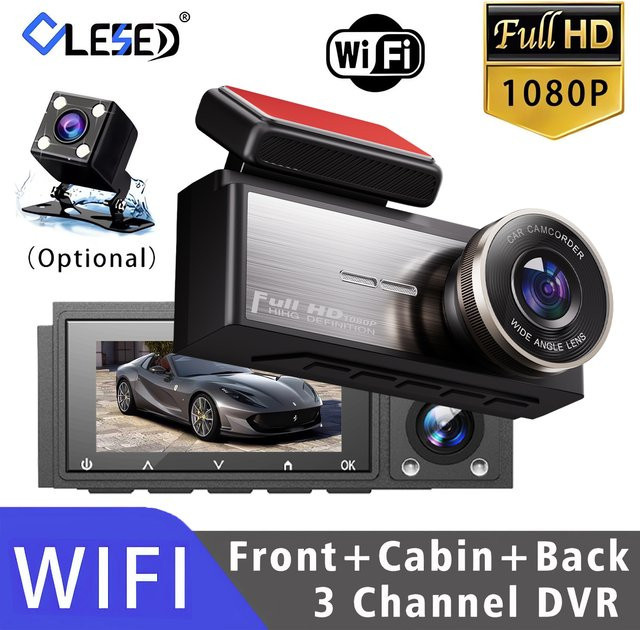 3-Kanal Dashcam mit Full HD 1080P, WLAN und OLED-Display, Schwarz - Bild 1