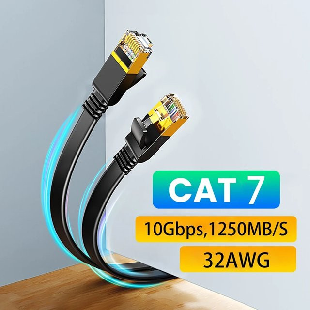 Cat 7 Ethernet-Kabel Flat Gigabit STP RJ45 LAN-Kabel 10 Gbit/s Schwarz - Bild 1