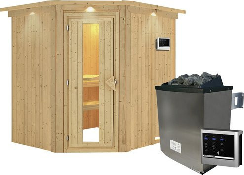 Karibu Sauna Maardu aus Fichtenholz mit 9 kW Saunaofen und externer Steuerung für 3 Personen, beige - Bild 1