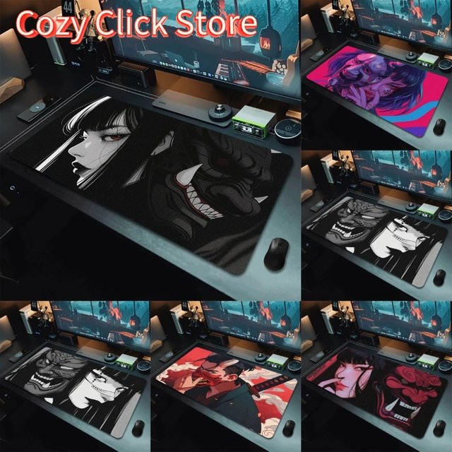 Potdemiel Gaming Mousepad mit Anime Girls Samurai Oni Maske Design als große Schreibtischunterlage für Gamer - Bild 1
