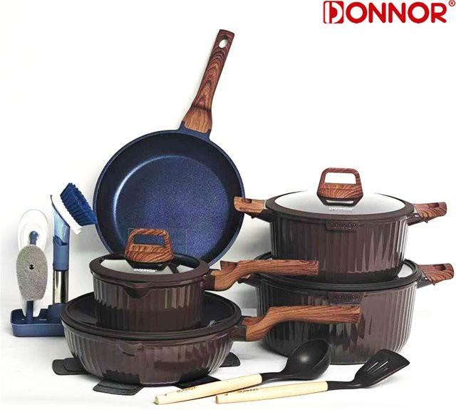DONNOR Kochgeschirr-Set in Braun, 21-teiliges Set mit antihaftbeschichteten Pfannen, Eintöpfen und Deckeln für alle Öfen - Bild 1