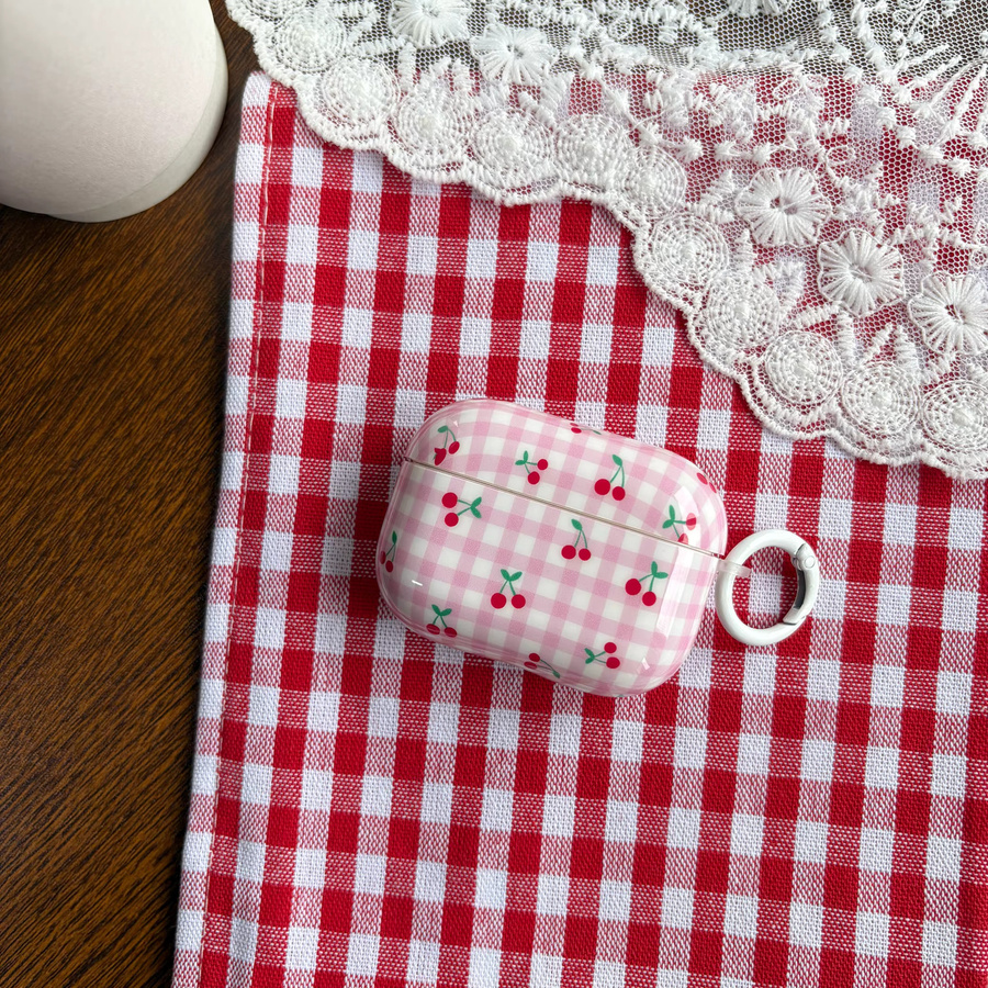 Glänzende Apple AirPods Schutzhülle mit rosa Kirschmuster und Karomuster - Bild 3