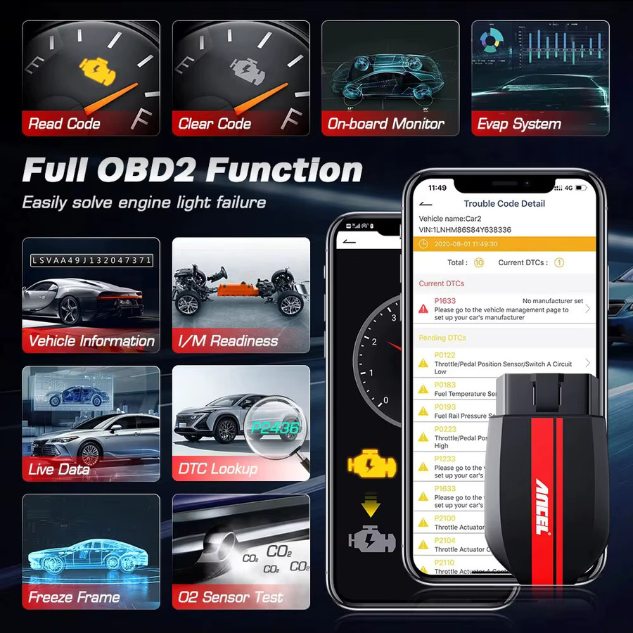 ANCEL BD200 OBD2 Scanner Bluetooth 5.0 Codeleser und Diagnosegerät für Android und iOS in Schwarz - Bild 2