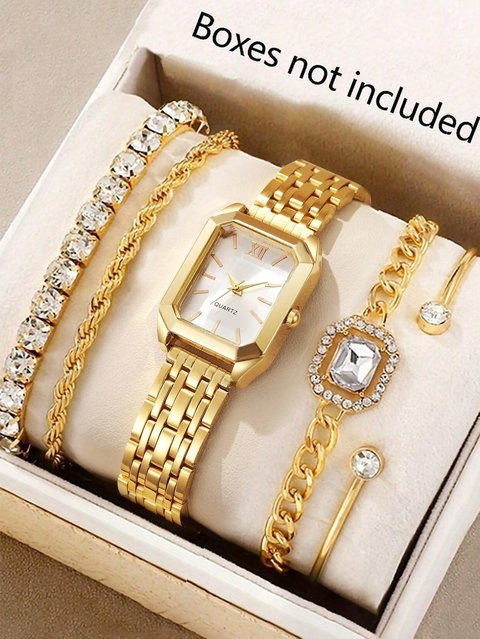 Armbanduhr-Set Damen, Quarz, Edelstahl, Eckig, Weiß, Gold - Bild 1