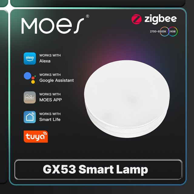 MOES Tuya ZigBee Smart LED Lampe GX53 in Weiß mit Musik-Synchronisation, RGB und dimmbarer Helligkeit via App oder Sprachsteuerung - Bild 1