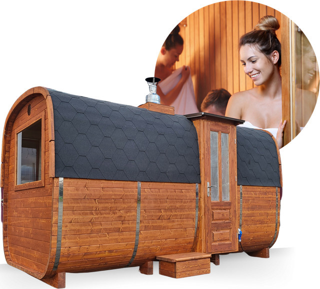 Harvia Gartensauna LULEA Fasssauna aus Fichte mit Holzofen in Grau und Braun, B/T/H: 400 x 230 x 230 cm - Bild 1