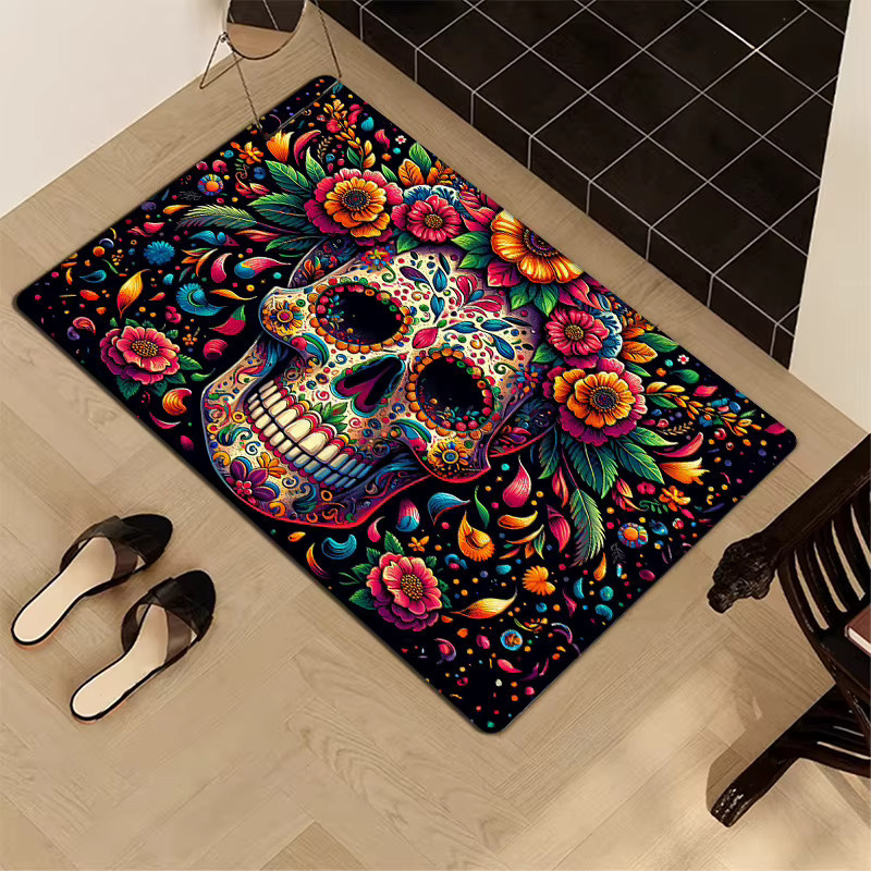 VIKAMA Halloween Totenkopf-Teppich, rutschfeste Bodenmatte im mexikanischen Tag der Totenfest Design, mehrfarbig, B/T: 60 x 40 cm - Bild 5