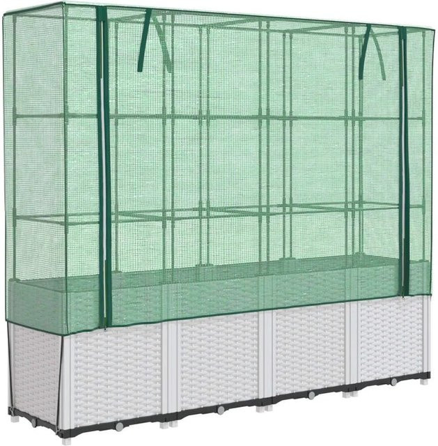 Furnicato Hochbeet in Rattan-Optik mit Gewächshaus-Aufsatz und wasserfester Abdeckung, Weiß, B/T/H: 160 x 40 x 153 cm - Bild 1