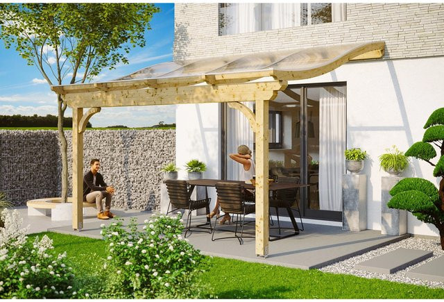 Skan Holz Terrassenüberdachung Verona aus Leimholz in Natur mit Polycarbonat-Dach, B/T: 434 x 289 cm - Bild 1