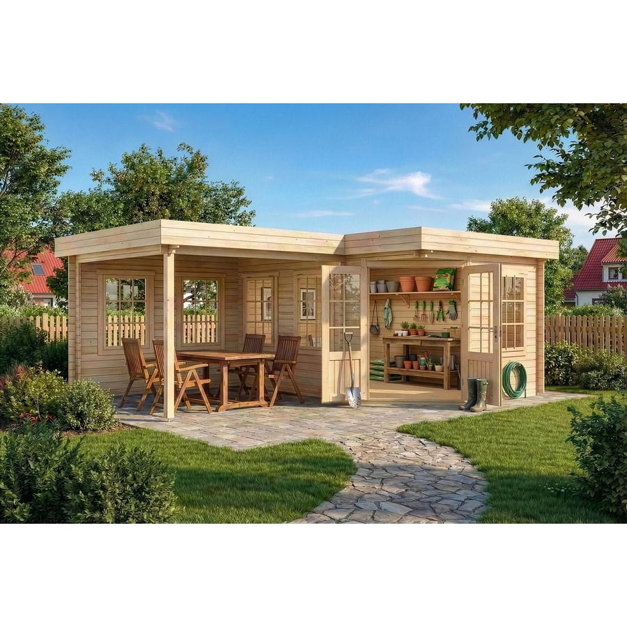 Alpholz 5-Eck Gartenhaus Pepe Flachdach in Blockbohlenbauweise Unbehandelt B: 422 cm, T: 276 cm, H: 236 cm - Bild 2