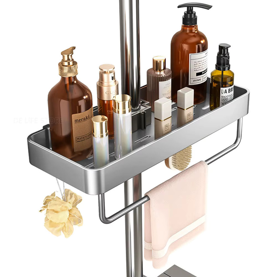 WudenCozfy Dusche Caddy Set mit Handtuchstange und Badregal für Shampoo und Seife, Grau/Silber, selbstklebend - Bild 3