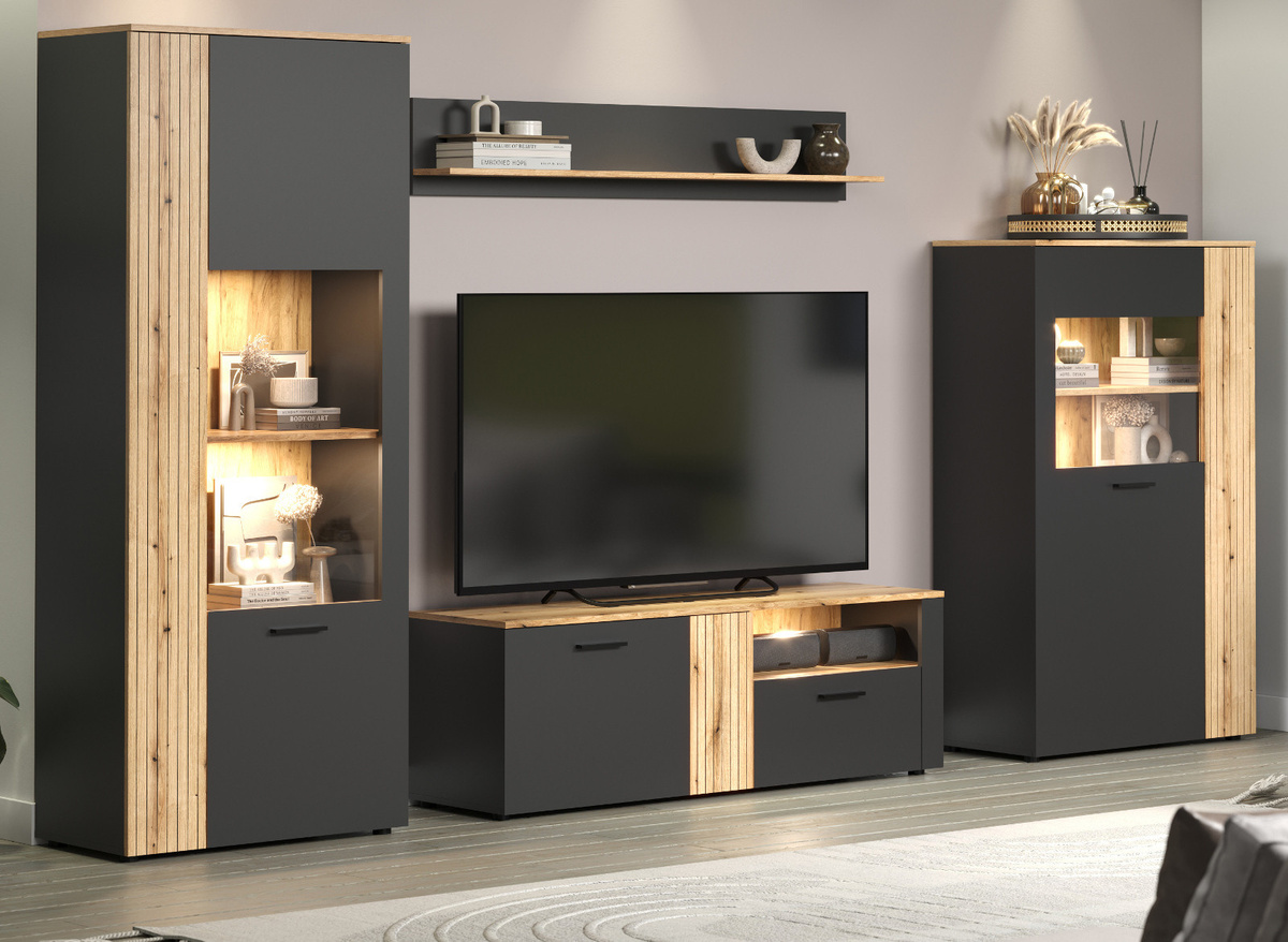 Furn.Design Wohnwand Avila Schrankwand 4-teilig in Mattgrau und Evoke Eiche mit Staboptik und Beleuchtung, Breite: 340 cm, Höhe: 195 cm - Bild 1