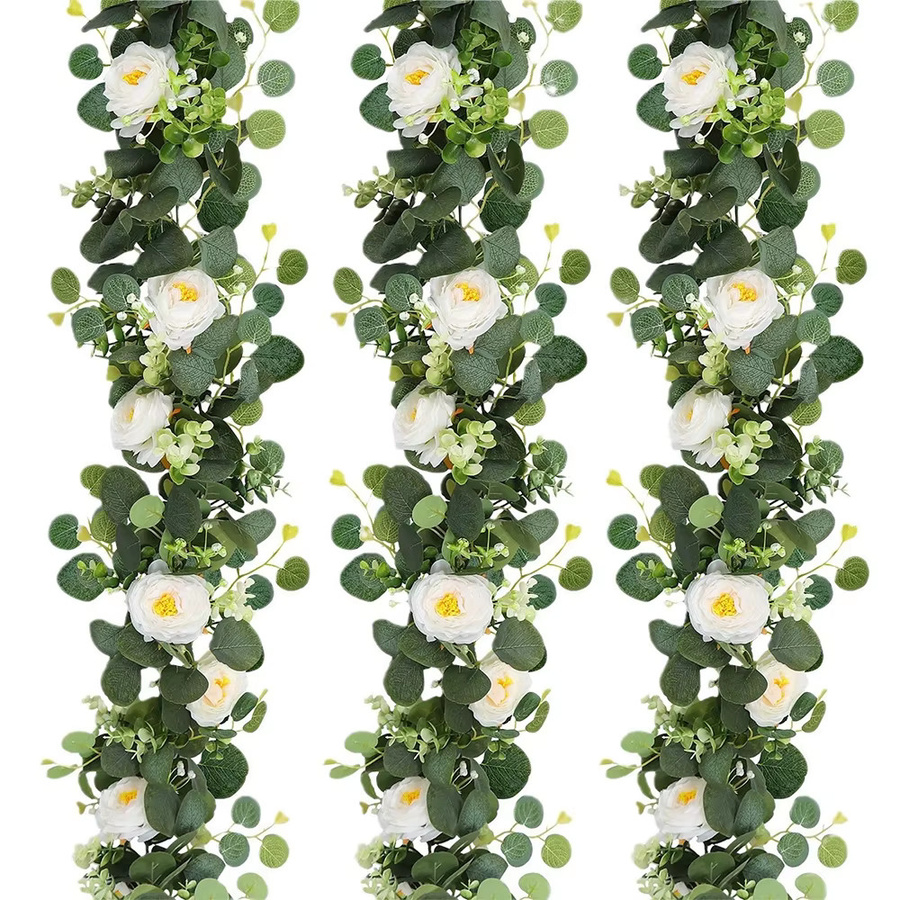 Kmitang Künstliche Eukalyptusranken mit weißen Rosen und Apfelblättern aus Rattan-Seide, Dekoration für Hochzeit und Zuhause, Länge: 175 bis 180 cm - Bild 3