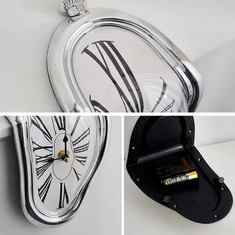 WOKLOK Surreale Schmelzende Wanduhr im Salvador-Dali-Stil, Geräuschlose Analoge Dekorative Uhr in Silber - Bild 1