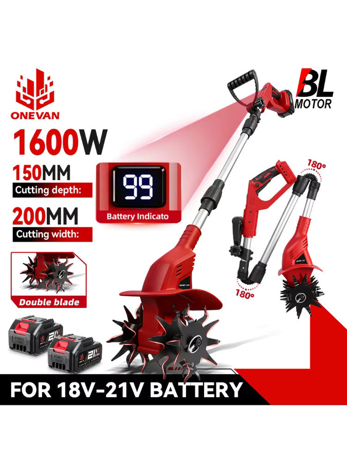 ONEVAN Bürstenloser Elektrischer Rotationsgrubber Kultivator in Rot für Makita LXT Akku, 15 cm Arbeitsbreite - Bild 6