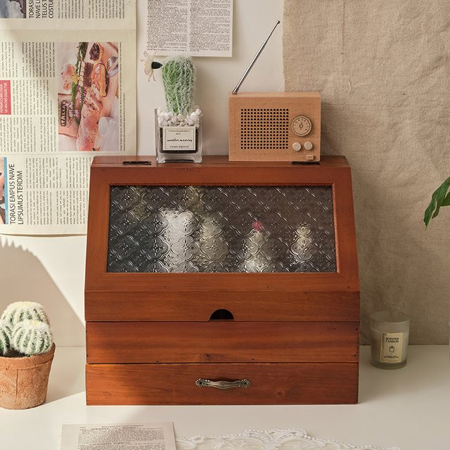 Retro Holz-Aufbewahrungsbox für Schreibtisch und Kosmetik in Rot und Braun, B/T/H: 26,0 x 32,0 x 0,0 cm - Bild 1