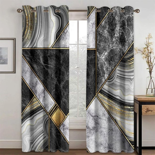2-teiliges halbtransparentes Vorhangset mit abstraktem Schwarz-Gold Marmor-Design, modern und elegant, Breite: 100 cm, Höhe: 130 cm - Bild 1