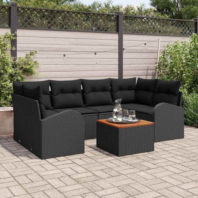 Vidaxl Garten-Sofa-Set aus 7 Teilen in Schwarz, modernes Polyrattan-Loungemöbel-Set mit Akazienholz und Stahl - Bild 1