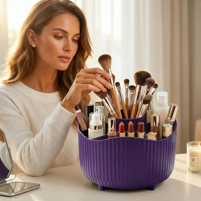 RUNTOIN Drehbarer Make-up-Organizer in Lila als Desktop-Aufbewahrungsbox für Kosmetik, Pinsel, Parfüm und Schmuck - Bild 1