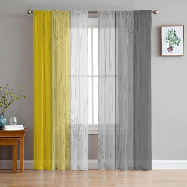 Yiran Furniture Transparenter Tüll-Vorhang mit Holzmaserung-Optik in Khaki Braun, B: 135 cm, H: 115 cm - Bild 1