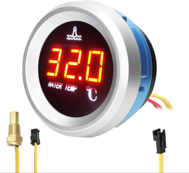 Igeteck Digitales Wassertemperaturmessgerät mit LED-Anzeige und Temperatursensor-Alarm, 52 mm, Schwarz/Silber, 9–36 V - Bild 1