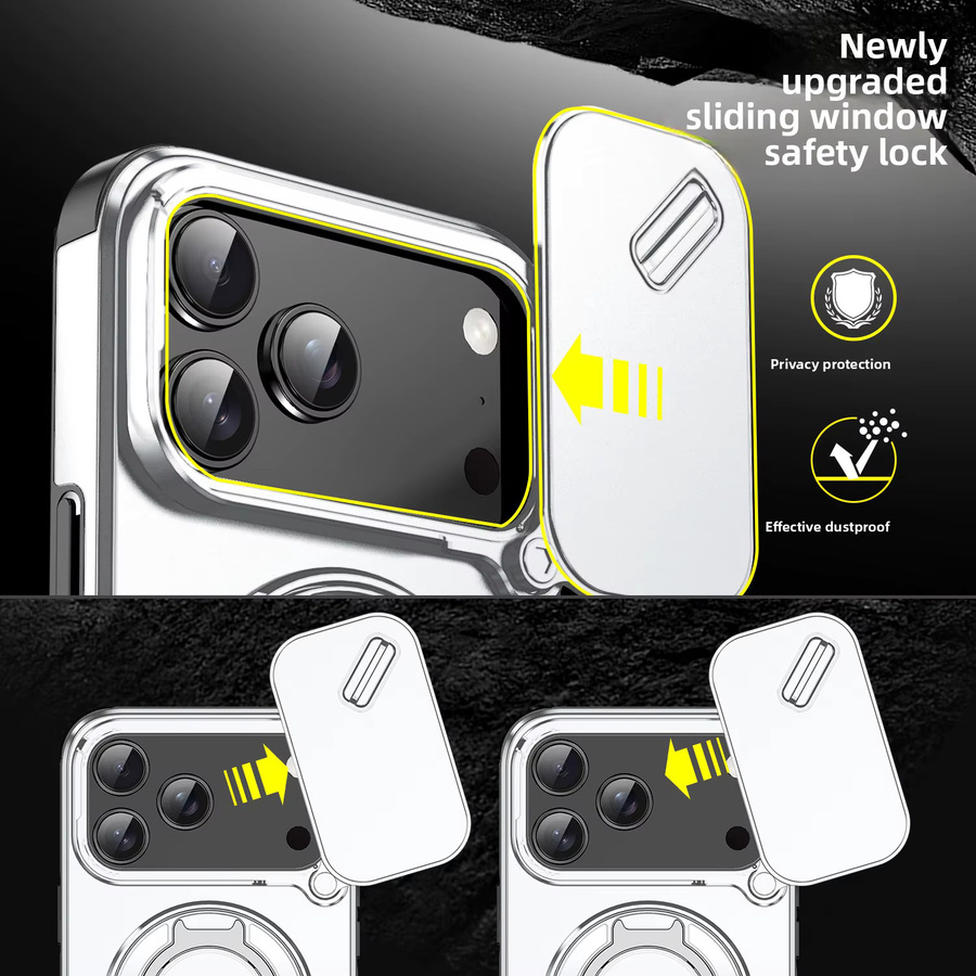Robuste magnetische Handyhülle mit Ständer und Schiebe-Kameraschutz für iPhone 17 Air, 17E, 16E, 16 Plus, 15, 14, 13, 12, 11 Pro Max mit MagSafe Kompatibilität in Transparent/Silber - Bild 6