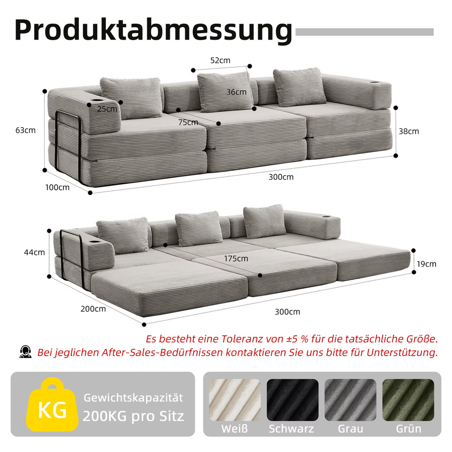 Vankel 3-Sitzer Schlafsofa aus Cord in Grau, faltbare Bodencouch und umwandelbares Bett für Erwachsene - Bild 3