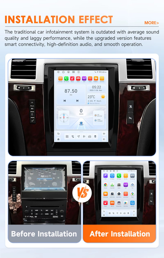 Hizpo Android Autoradio im Tesla-Stil für Cadillac Escalade/SLS 2007 - 2014 mit 9,7 Zoll vertikalem Bildschirm, GPS, 4G, Bluetooth und 360-Grad-Kamera in Schwarz - Bild 2