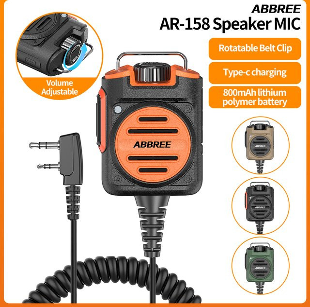 ABBREE AR-158 Walkie-Talkie-Lautsprechermikrofon mit einstellbarer Lautstärke, 2-polig und wiederaufladbar, passend für Baofeng UV-5R Mini und Quansheng UV-K1 (8) K5 - Bild 1
