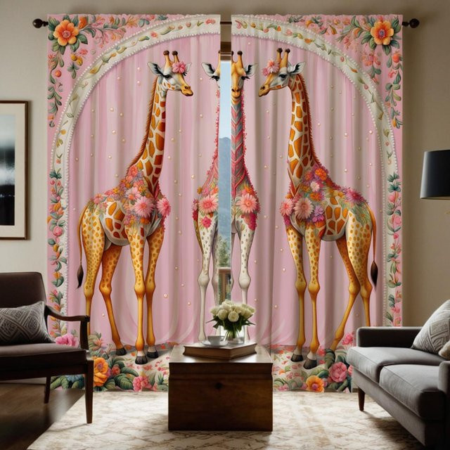 2er-Set Giraffe Dekovorhang mit Puderblumen-Print in Rosa und Braun, digital bedruckter Stoffvorhang, B: 132 cm, H: 160 cm - Bild 1
