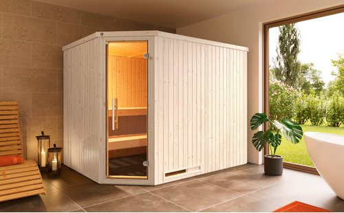 Weka Elementsauna Varberg 4 GT Trend aus Holz in Braun mit 7,5 kW BioS-Ofenset, B/H/T: 244 x 199 x 194 cm - Bild 1