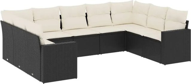 vidaXL 9-teilige Garten-Sofagarnitur in L-Form aus Poly-Rattan und pulverbeschichtetem Stahl in Schwarz mit cremeweißen Kissen - Bild 1