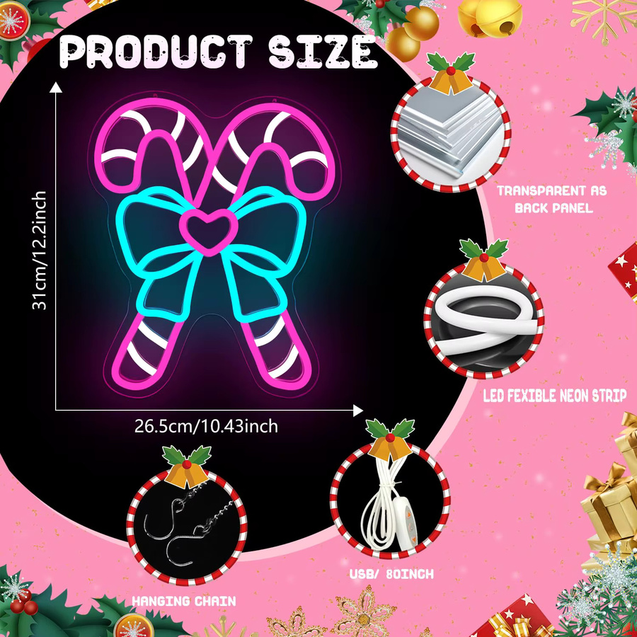 Dimmbares Rosa Zuckerstangen-Neonschild zur Wanddekoration für Schlafzimmer und Weihnachtsfeier, Pink/Multicolour - Bild 2
