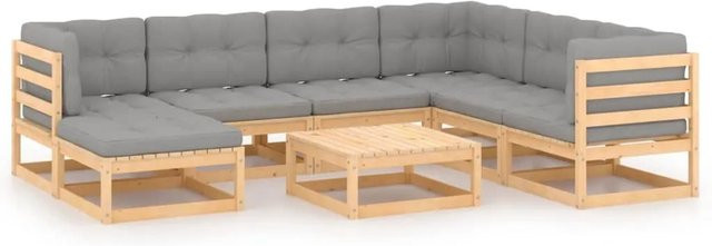 vidaXL 8-teiliges Garten-Lounge-Set aus massivem Kiefernholz mit grauen Polsterkissen in L-Form - Bild 1