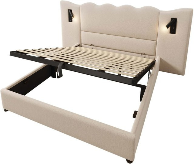 Merax Polsterbett mit Stauraum und integrierter Leselampe sowie USB-Anschluss, Beige, B/T/H: 180 x 200 x 226 cm - Bild 1